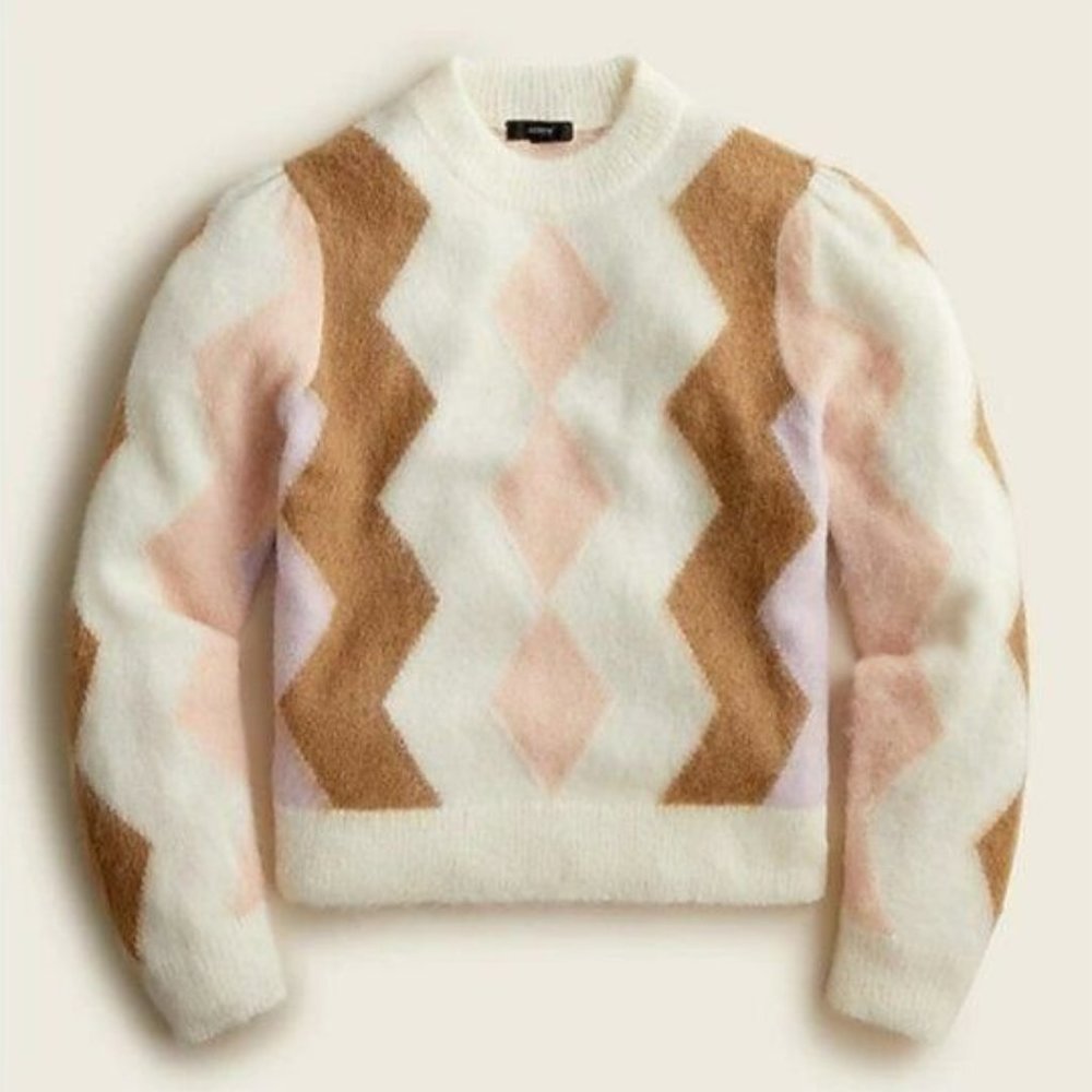 J. Crew Diamond-Checked Argyle Cropped Alpaca Blend Crewneck Sweater M